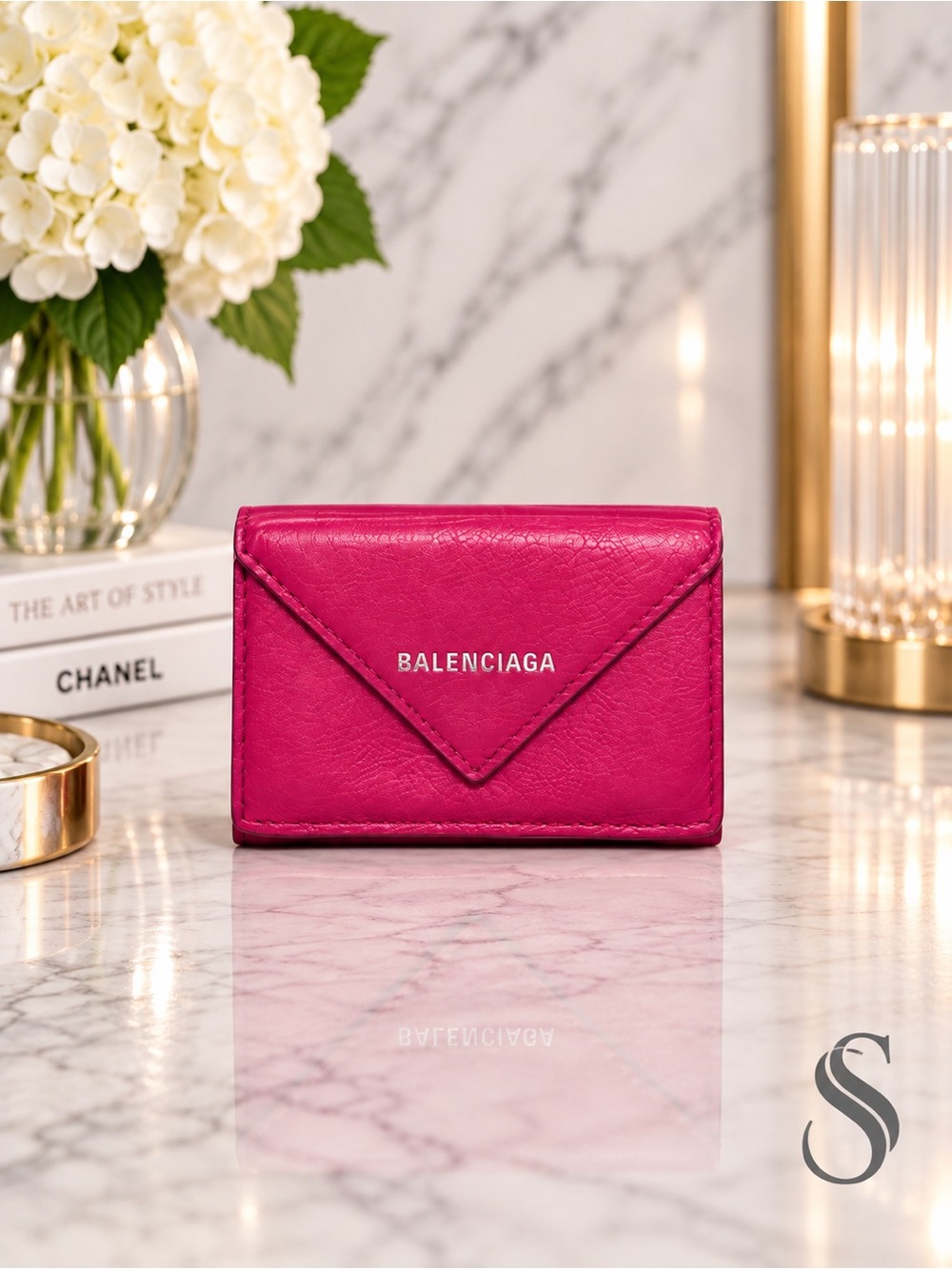 Balenciaga Pink Leather Compact Envelope Tri-Fold Wallet Full Inclusion